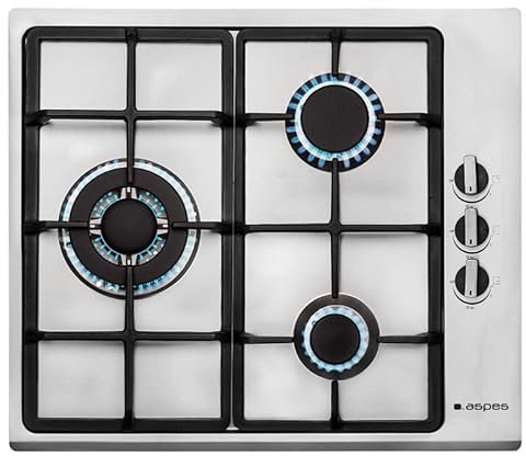 Aspes Encimera de Gas AEG3F. 3 Quemadores, Integrable, Quemador WOK triple llama, Acabado en Inox