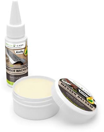 HeliaCARE Messer 2er Pflegeset - BIO Messeröl & Bienenwachs Balsam - Messerpflege Set für Klinge & Griff - Hochwertiges Pflegeöl für Holzgriffe & Lederscheiden - Premium Klingenöl aus Deutschland