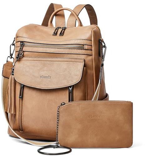 Shrrie Rucksack für Damen, modischer Leder-Rucksack, Geldbörse, Designer-Reiserucksack, Schultertasche, 2-1 zweifarbig, Kamelbraun, Reiserucksäcke