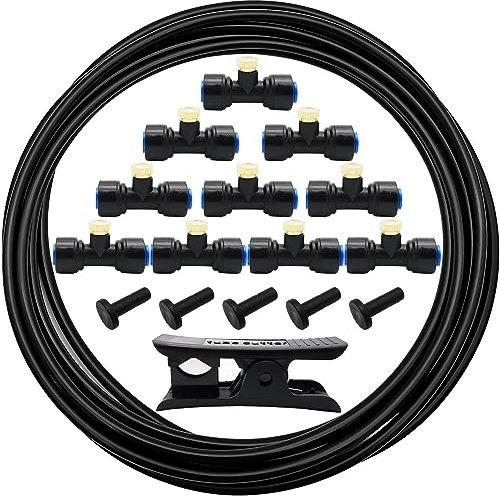 CESFONJER Sistema de Enfriamiento por Nebulización, Kit Nebulizador Terraza, Manguera de 5 m con 10 boquillas de niebla, 10 asientos de niebla y 5 tapón final para patio, jardín, invernadero (negro)