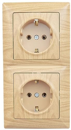 Gunsan Visage Double prise avec contact de protection encastré aspect bois de chêne 250 V 16 A Fiche F beige