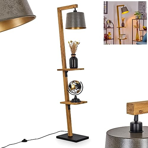 Stehleuchte Baval, moderne Stehlampe aus Metall/Holz in Schwarz/Natur/Nickel-Antik/Gold, Standlampe m. verstellbarem Schirm, Fußschalter am Kabel u. Ablageflächen, 164 cm, 1 x E27, ohne Leuchtmittel