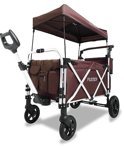 FUXTEC Bollerwagen faltbar FX-CTL950 Braun mit Dach - Transportwagen klappbar | Hecktasche, Komfort-Schiebegriff & Innenraumverlängerung | 5-Punkt-Gurt | Handwagen/Leiterwagen – Das Original