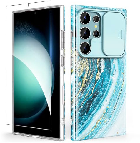 SHEDEER Cover per Samsung S24 Ultra con Slidable Protezione Fotocamera & Vetro Temperato, Cover per S24 Ultra 360 Militare Protezione, Aesthetic, Brillante, Antiurto Antigraffio, Stella Blu