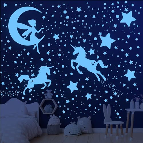 585 Stück Leuchtsterne Kinderzimmer Wandtattoo Einhorn Leuchtsterne Selbstklebend Wandsticker Wandtattoo Kinderzimmer Mädchen Fluoreszierend Aufkleber Einhorn Wanddeko für Kinderzimmer Schlafzimmer