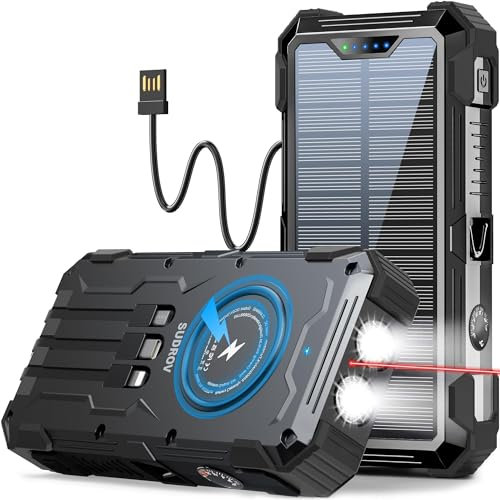 Sudrov Power Bank Wireless Charger 42800mAh Built-in 4 Cables Seven Outputs 15W Fast Charging Power Bank for All Mobile Devices, Three Inputs Portable Solar Charger with