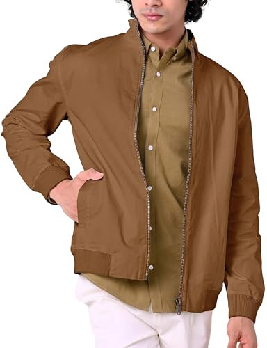 Enorsia Men's Harrington Jacket With High Neck Long Sleeves and Side Pocket Design Zip Up Closure Mens Jacket (XL, Brown)