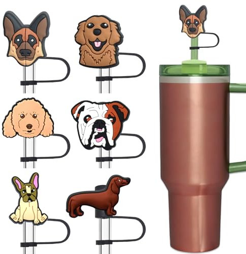 Amreich Dog Straw Cover for Stanley Cup - Silicone Straw Toppers 9-12mm Straws Accessories for 30 40 oz Tumblers with 6 Different Puppy Designs, Cute Gifts for Dog Moms