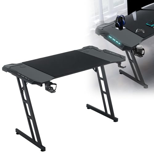 HENGMEI Gaming Tisch Gaming Schreibtisch Computertisch mit Getränkehalter, Kopfhörer Haken Z-Frame PC Schreibtisch Gaming Desk für zu Hause Büro Eckschreibtisch, 140 x 60 cm, Typ B mit LED