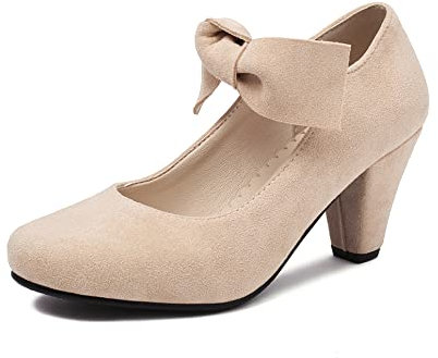 elerhythm Damen Bowknot Mary Jane Bow Retro Heels 1950er Vintage Faux Wildleder Geschlossene Runde Zehenpumpen 1920er Jahre Gatsby Büro Bequeme Bowtie Dressy Schuhe (Nackt EU41)