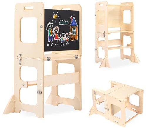 Toddler Standing Tower, Learning Standing Tower 2-in-1 Kitchen Wooden Stool Helper with Chalkboard Montessori and Waldorf Helper for Kids Wooden Step Stool with Desk Table and Chair (Log Color)