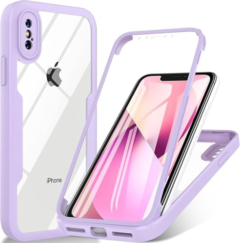 XYZNTMF for iPhone X Case iPhone XS Case with Built-in Screen Protector Shockproof Silicone Bumper Hard Clear Shell Full Body Protective Cover Rugged Transparent Back Case for iPhone X/XS, Purple