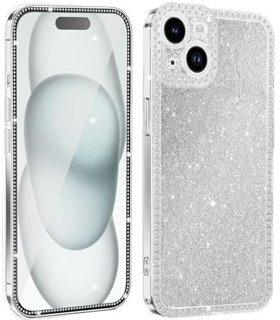 Handyhülle für iPhone 15, Bling Strass Diamant Glitter Schutzhülle mit SchutzfolieGlas, Transparent Silikon TPU Bumper Kameraschutz Case Cute Glänzend Sparkle Crystal Hülle für Frauen und Mädchen