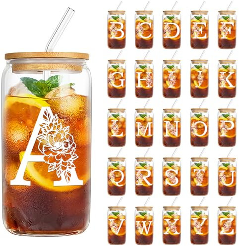 YiYa Verre Avec Couvercle et Paille Verre Canette Verre Avec Paille Verres Avec Initiales Cadeau de Noël d'anniversaire Personnalisé pour les Femmes Mâle Soeur Tante Ami (A)