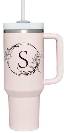 Personalized 40oz Tumbler Cup with Initials.Cup with Letter S 40oz Tumbler with Handle.Custom Tumbler Cup with Letter.Initial Monogram Tumbler Mug Gifts for Women Birthday Christmas.