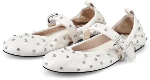 MIRAAZZURRA Damen Ballerinas Flach mit Strass Roude Zehen Schnalle Riemen Weiche Schuhe für Freizeit Arbeit Weiß 40EU