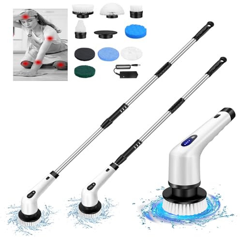 HSHa Elektrischer Spin Scrubber 2-Gang Akku Reinigungsbürste mit Teleskopstiel, 0°-360° Winkel, Duschreinigungsbürste für Küche, Badezimmer, Boden - EMD