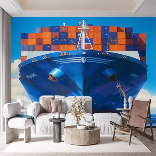 Fototapete Segeln Frachtschiff Container Tapeten Moderne Wanddeko, Blau Vlies Tapeten Wandtapete Fototapete für Wohnzimmer Schlafzimmer Büro oder Flur, 300 x 210 cm (B x H)