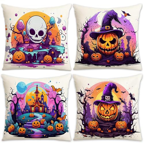UZNIYTR Halloween Funda Cojin, 4 Piezas Funda de Almohada de Halloween, Funda de Almohada Decorativa de Calabaza, Adecuado para Hogar, Jardín, Sofá, Decoración de Halloween (45x45cm)