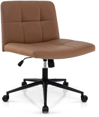 COSTWAY Bürostuhl ohne Armlehnen, Schreibtischstuhl mit breitem Sitz, Computerstuhl mit Rollen & Wippfunktion, Drehstuhl, höhenverstellbar, 360° drehbar, Kunstleder, für Heimbüro (Braun)