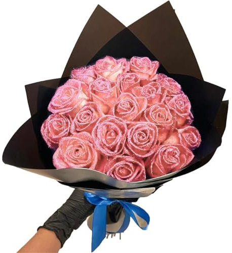 Kitruiy (Self-Assembly) Glitter Rose Bouquet Red Artificial Rose Flowers Bouquet Shiny Fake Roses Bouquet,Love Gifts for Valentine's Day Gift, Anniversary, Engagement (Pink, 12 Roses)