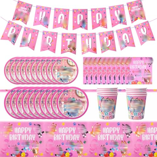 Heartsking 42PCS Pink Birthday Party Supplies with Banner, Plates, Cups, Napkins & Tablecloths