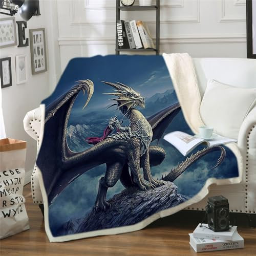 ZZTBQ 3D Drache Drucken Kuscheldecke für Erwachsene Dragons Warm Sherpa Decke Dicke Sofa Flanell Fleecedecke 150x200cm Dragon Drach Überwurfdecke für Bett Flauschige Wohndecke