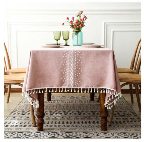 Tischtuch 140x300CM, Polyester Tischdecke Outdoor Punkt Mit Quaste Rosa Weiß Tischdecke Outdoor Rechteck