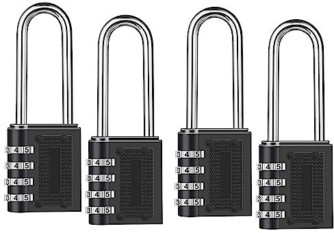 PAMENET 4 Pack Outdoor Combination Padlock Long Shackle Lock 6.5cm Shackle Waterproof 4 Digit Resettable Combination Lock