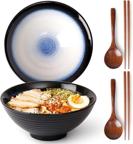 NUTRIUPS 1200ml Ceramic Ramen Bowl Set of 2 Noodle Bowls with Chopsticks and Spoons (Moon Blue)
