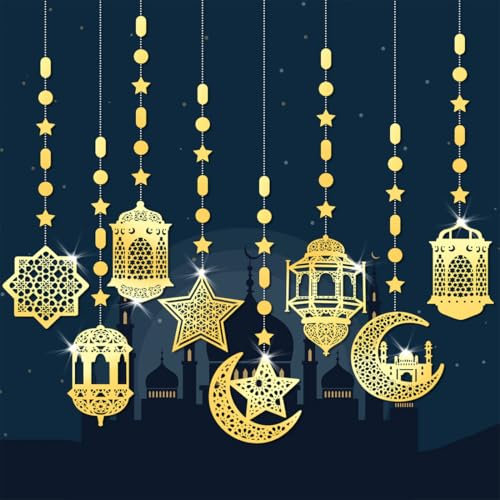 WUSJCOF 8 Stück Ramadan Deko Eid Girlande Dekoration,Ramadan Mubarak Banner Gold Stern Mond Ramadan Dekorationen, EID Mubarak Deko für Eid Festival Party Dekoration, Ramadan Kareem Dekoration