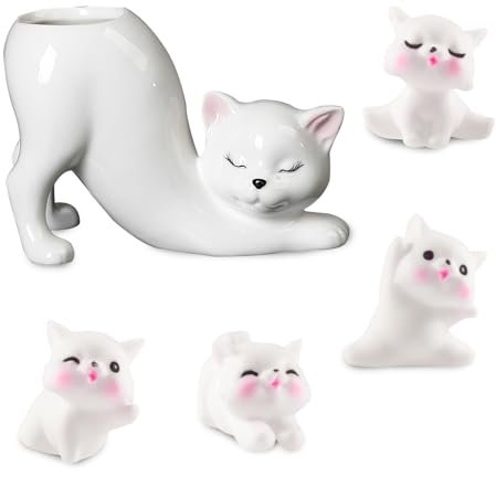 NAESM Einzigartige Schwanzlose Katze Kleine Pflanzentopf Kommt mit 4 Arten von Harz Katze Ornamente Indoor und Outdoor Pflanzen Displays, Schöne Büro Schreibtisch Raum Heimdekor