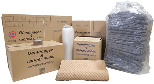 Kit déménagement T2 complet – 43 pièces : 15 cartons standard (57L), 15 cartons livres (28L), 10 papiers bulle biodégradables 0,5x1 m, 1 adhésif 68 m, 1 sac fourre-tout 150L, 1 film bulle 0,5 x 10 m