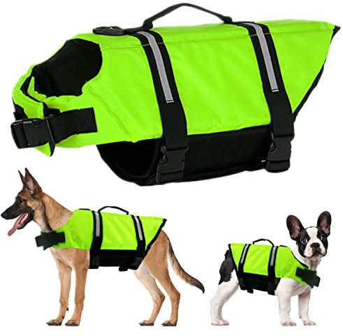 Schwimmweste Hund, FainFun Hunde Schwimmwesten Klein, Schwimmweste Hai Hund, Schwimmweste für Hunde mit Starkem Auftrieb für die Notfallrettung(Grün XXL)