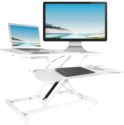 Standing 81 cm Desk Converter Height Adjustable Riser Sit to Stand Dual Monitor and Laptop Workstation with Wide Keyboard Tray for Dual Monitors with Wide Keyboard Tray (White)
