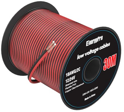 EnergyPro 18AWG 0.8mm² Electrical Wire 30m (15 Red + 15 Black) - 12V/24V DC Hookup Cable, CCA Stranded Low Voltage Wire for LED Strip, Automotive, Boat, Solar Panel