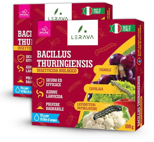 LERAVA Bacillus Thuringiensis Kurstaki (200 g) - Insetticida biologico per piante - Effetto larvicida contro bruchi, cavolaia e farfalla del geranio - Ideale per rose e orto - Made in Italy