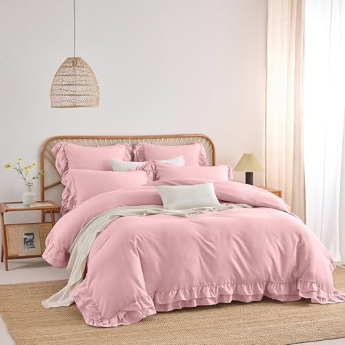 Covebett Rüschen Bettwäsche 155x220 Rosa Uni Romantische Rüschenbettwäsche Set Doppellagige Rüschen Bettbezug Weich Mikrofaser Einzelbett Deckenbezug mit Kissenbezug 80x80 cm Reißverschluss