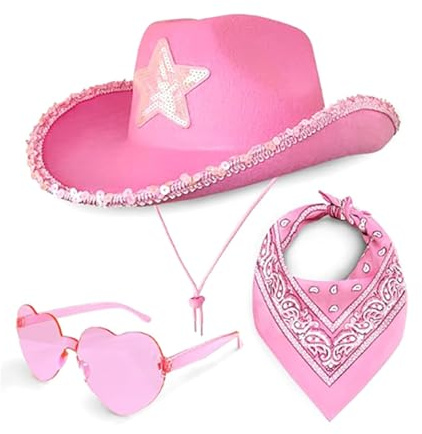Ensemble 3 pièces chapeau de cowboy pour femme, chapeau western à paillettes, bandana cachemire et lunettes de soleil en forme de cœur, accessoires de costume de cowgirl pour déguisement, festivals
