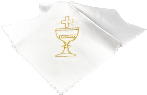 Lunexus Kommunion Tauftuch Kerzentuch – Feierliches Deko-Tuch mit Stickerei | Elegantes, waschbares Deko-Tuch aus Polyester mit goldener Kelch-Hostie-Kreuz-Stickerei für Kommunion & Taufe.