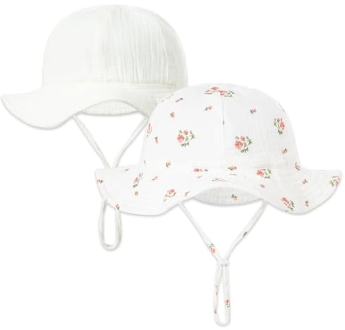 HTTDSLF 2 Pcs Chapeau Soleil Bébé Fille, Fille Coton Chapeaux de SoleilAjustable Naissance Bonnet UV Enfant Casquette Coton Casual Plage Vacances 0 à 2 Ans, Blanc et Fleuri
