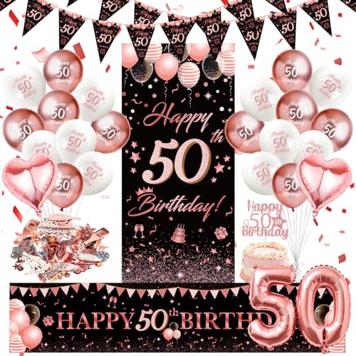 WenmthG 50 Geburtstag Deko Frauen, Roségold Dekorationen zum 50 Jahre | 50. Geburtstag Deko mit Girlande, Banner, Zahlen Luftballon, Konfetti, Tortendeko, Dreieck Flagge Banner