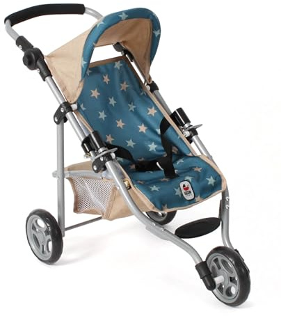 Bayer Chic 2000 - Passeggino per bambole Lola, carrozzina per bambole fino a circa 50 cm di dimensioni, passeggino da jogging, passeggino per bambole, asterischi beige-turchese