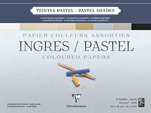 Clairefontaine 96489C Zeichenblock Ingres (geleimt, 25 Blatt, 130 g, gekörnt, 36 x 48 cm, ideal für Trockentechnik) 8 pastellfarben