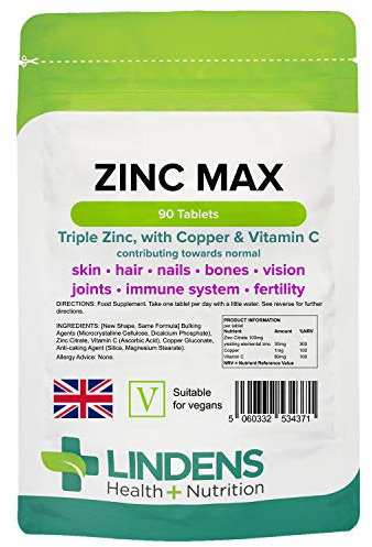 Lindens Zinc Max Tablets - 90 Pack - Provides 300% Nrv Dose, Fortified with Vitamin C & Copper to Contribute Towards Healthy Hair, Skin, Nails, Vision & Hormone Balance - UK Made, Letterbox Friendly