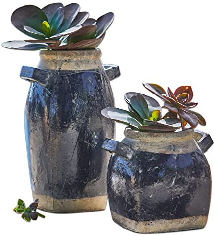 Loberon Lot de 2 Cache-Pots Torey - Terre Cuite - H/L/P env. 40/25 / 23 cm - Bleu Vieilli, Bleu Vieilli
