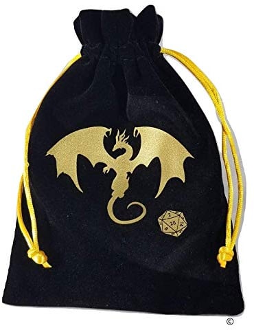 Black Dragon Velvet Drawstring Dice Bag with Gold Satin Interior