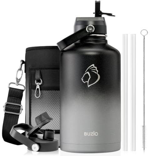 BUZIO 2L Edelstahl Trinkflasche isoliert mit Strohhalm & Ausgussdeckel | Große Wasser-Thermoflasche aus Metall, 48h kalt & 24h heiß, auslaufsichere Trinkflaschen,BPA-frei, für Fitnessstudio, Reisen