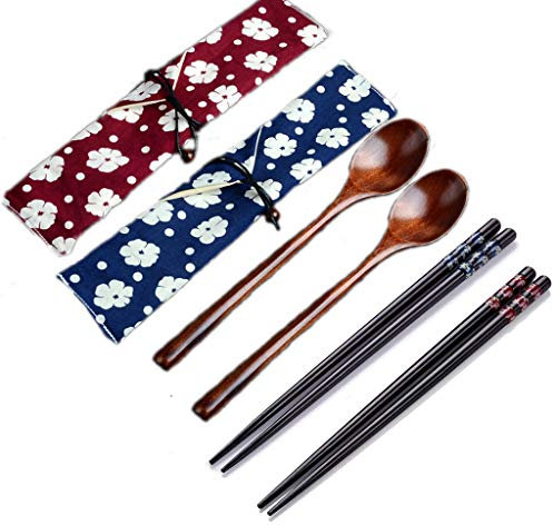 Haosell Lot de 2 baguettes et cuillères en bois - Vaisselle pratique pour la cuisine, la maison, le restaurant, la maison et le restaurant - Baguettes japonaises en bois respectueux de l'environnement