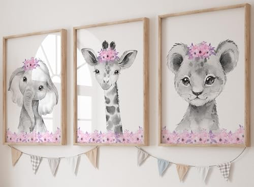Eviepops Prints Set aus 3 Safaritieren für Kinderzimmer von Mädchen, Ungerahmter Druck, Blumen Schlafzimmerdekor, Rosa Grau, Kinder Wandkunst, Dekor im Babyzimmer, elefant giraffe löwe (A4)